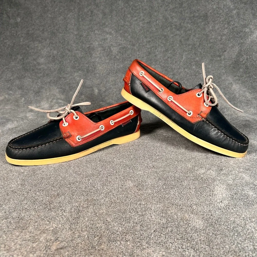 VTG Sebago Docksides Boat Shoes Mens 9.5 Navy Blue Red Leather Loafers